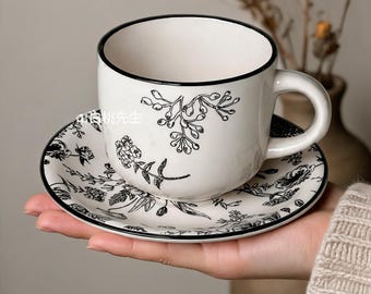Black White Botanical Cup and Saucer Set, 350ml Vintage Floral Tea Cup, Sketch Line Art Coffee Mug, French Country Gift for Her, Farmhouse