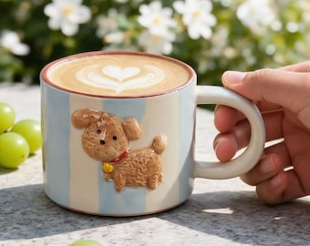3D Dog Ceramic Cup, Blue Striped Coffee Cup, Cute Puppy Embossed Tea Cup, Kawaii Animal Tumbler, Pet Lover Gift, Relief Espresso Cup