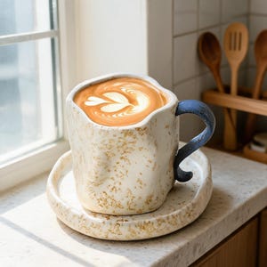Könnte beinhalten: Eine Keramik-Kaffeetasse mit blauem Henkel und passender Untertasse. Die Tasse ist mit Kaffee gefüllt, gekrönt von Latte Art. Die Tasse und die Untertasse sind cremefarben mit einem strukturierten, gesprenkelten Design. Die Tasse steht auf einer Arbeitsplatte in der Nähe eines Fensters.