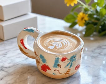 Abstract Chunky Ceramic Mug, 350ml Hand Painted Coffee Cup, Funky Korean Cafe Pottery, Colorful Wabi Sabi Tea Mug, Memphis Design Gift
