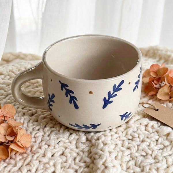 Blue Leaf Ceramic Mug, Hand Painted Botanical Coffee Cup, Cottagecore Floral Tea Mug, Mediterranean Style Cappuccino Cup, Gift Her, 250ml