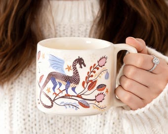 Fantasy Dragon Ceramic Cup, Mythological Animal Tea Cup, Fairycore Coffee Cup, Square Handle Tumbler, Whimsical Floral Folklore Gift