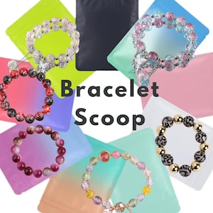 May include: A collection of beaded bracelets in various colors, including red, pink, and clear, displayed on colorful pouches. The bracelets feature different bead types and designs. The text "Bracelet Scoop" is visible in the center.