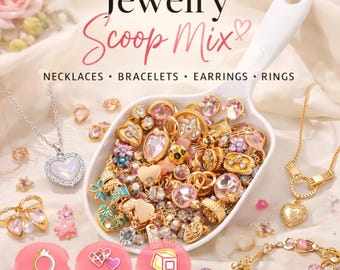 May include: An assortment of jewellery items, including necklaces, bracelets, earrings, and rings, are shown. A white scoop is filled with various jewellery pieces, with more scattered around. The text "Jewellery Scoop Mix" is displayed at the top of the image.