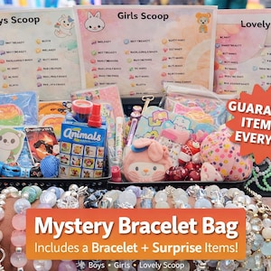 May include: A display of mystery bracelet bags with various items. The bags are labeled "Boys Scoop", "Girls Scoop", and "Lovely Scoop". The bags contain a variety of items, including toys and beauty products. The text "GUARANTEED ITEMS IN EVERY BAG!" is also visible.