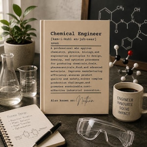 May include: A beige rectangular sign featuring the dictionary definition of Chemical Engineer in black text, including the phonetic spelling, noun classification, and a detailed description of the profession, with the custom text Also known as: Nathan.