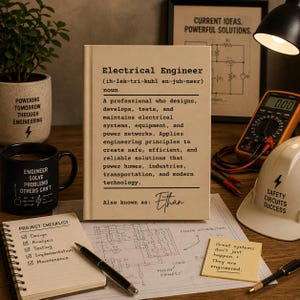 May include: A beige hardcover book titled Electrical Engineer with a dictionary-style definition and the name Ethan printed on the cover. The book is surrounded by engineering-themed items including a project checklist, a multimeter, and a hard hat.