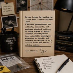 May include: A beige hardcover book titled Crime Scene Investigator with a dictionary-style definition printed in black text on the front cover. The text includes a phonetic pronunciation, a noun definition, and the custom name Logan at the bottom.