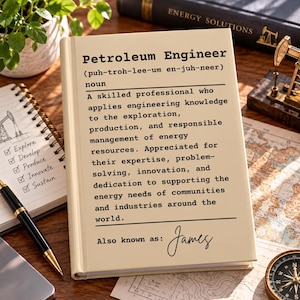 May include: A cream-colored hardcover book featuring the definition of Petroleum Engineer in black text, including phonetic spelling and a description of the profession. The bottom of the cover includes the text Also known as: James in script.