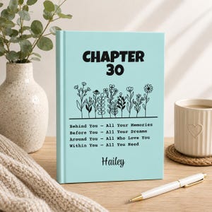 Może przedstawiać: Jasnoniebieski notatnik z napisem "CHAPTER 30" i kwiatowymi ilustracjami. Poniżej tytułu znajdują się inspirujące frazy i imię "Hailey". Pióro i kubek znajdują się obok notatnika.