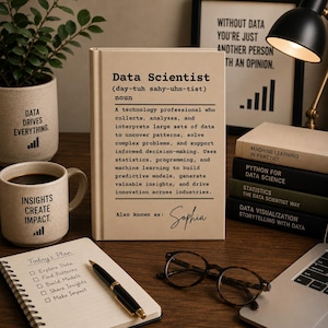 Może przedstawiać: Beżowa książka w twardej oprawie z tytułem Data Scientist, definicją w stylu słownikowym oraz imieniem Sophia na okładce. Książka leży na biurku obok pasującego kubka, notatnika spiralnego z listą zadań, długopisu, okularów i stosu innych książek.