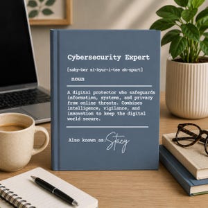 May include: A blue journal with the words "Cybersecurity Expert" and a definition printed on the cover. The definition describes a digital protector. The journal is on a wooden desk with a coffee mug, pen, and laptop in the background.
