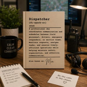 May include: A rectangular beige sign featuring a dictionary-style definition of the word Dispatcher, including the text: A professional who coordinates communication and schedules between field personnel, drivers, emergency responders, or service teams.