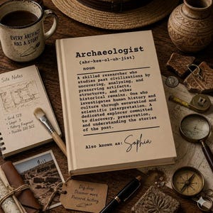 May include: A beige hardback book titled Archaeologist with a dictionary-style definition and the name Sophia printed on the cover. The book is surrounded by a mug, a notebook with site notes, a paintbrush, a compass, a magnifying glass, and photos.