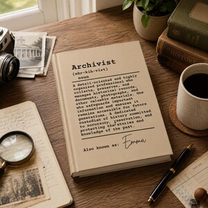 May include: A beige hardcover book featuring the dictionary definition of the word Archivist printed in black text, with the name Emma written in script below. The book cover includes the phonetic pronunciation and a detailed noun description.