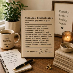 May include: A beige book featuring the definition of Clinical Psychologist, a mug with the text Mind Matters Take Care, a spiral notebook with a daily plan, a black pen, a candle, and a stack of books titled The Therapeutic Alliance and others.