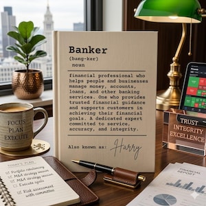 May include: A beige book with the definition of Banker printed in black text, featuring a fountain pen resting in front. The text reads Banker, noun, financial professional who helps people and businesses manage money, and Also known as: Harry.