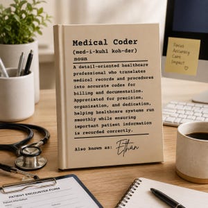 Könnte beinhalten: Ein beigefarbenes Buch mit schwarzem Text, das eine wörterbuchartige Definition eines medizinischen Kodierers enthält. Der Text lautet: Medical Coder (med-i-kuhl koh-der) noun. A detail-oriented healthcare professional who translates medical records. Also known as: Ethan.