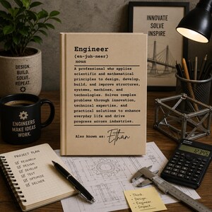 Puede incluir: Un libro de tapa dura beige titulado Engineer con una definición estilo diccionario y el nombre Ethan impreso en la portada. El texto describe a un ingeniero como un profesional que aplica principios científicos para diseñar y desarrollar.