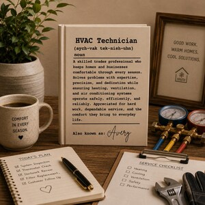 May include: A beige book with black text defining an HVAC Technician, including the name Avery. Beside it are a speckled mug with the text Comfort in Every Season, a spiral notebook with a checklist, a pen, a service checklist, and tools.