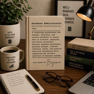 Könnte beinhalten: Ein beiges Hardcover-Buch mit dem Titel Database Administrator, einer wörterbuchartigen Definition und dem Namen Benjamin auf dem Einband. Das Buch ist umgeben von einer Tasse, einem Notizbuch mit Stift, einer Brille und weiteren Büchern.