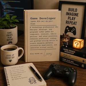 Könnte beinhalten: Ein beiges Hardcover-Buch mit dem Titel Game Developer, einer wörterbuchartigen Definition und dem Namen Lucas auf dem Einband. Das Buch ist umgeben von einer Keramiktasse, einem Spiralnotizbuch, einem Gamecontroller und weiteren Büchern.