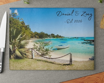Tabla de cortar de cristal personalizada con escena de playa – Decoración de cocina personalizada para aniversario