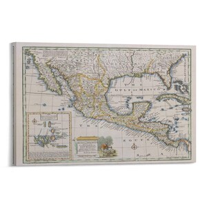 May include: A framed vintage map of North America, featuring detailed cartography with hand-drawn elements. The map includes the Gulf of Mexico and surrounding regions, with text labels and compass roses. The color palette is muted, with beige, yellow, and blue tones.