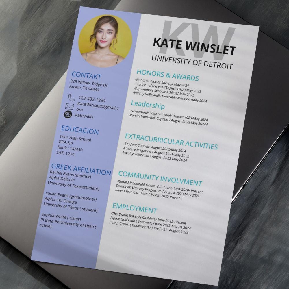 Sorority Resume Template | Blue Greek Life Recruitment CV (canva ...
