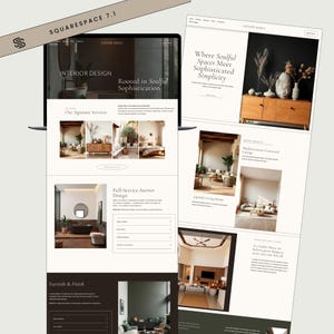May include: A laptop displaying a website design for Atelier Mara, an interior design firm. The website features images of interior spaces, with text that reads "Interior Design" and "Rooted in Soulful Sophistication."