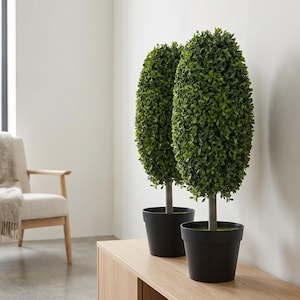 Set of 2 Artificial Boxwood Topiary Trees, 24" Faux Olive Leaf Potted Plants, UV Resistant Indoor Outdoor Greenery, Fake Decorative Bush Pot