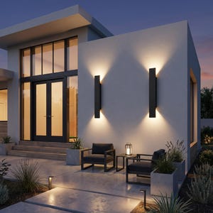 Può includere: Due applique rettangolari nere montate su una parete esterna bianca, che emettono una luce calda verso l'alto e verso il basso. La casa moderna presenta un ingresso con doppia porta a vetri, due poltrone grigio scuro e fioriere.