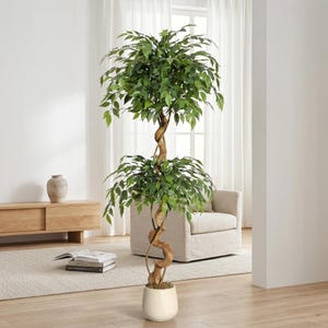 May include: A tall artificial ficus tree featuring two distinct, rounded tiers of lush green leaves. The trunk is composed of twisted, natural-looking wood that spirals upward from a simple, solid off-white cylindrical planter base.