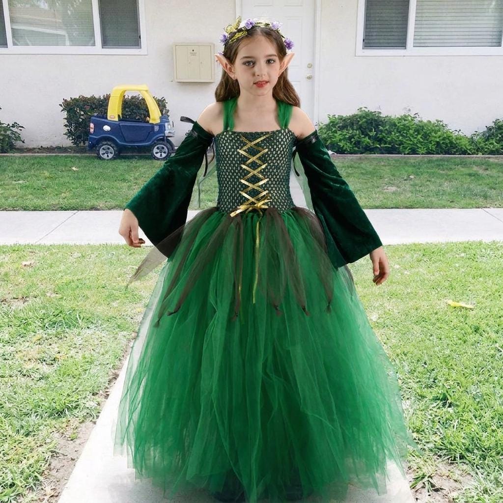 Fantasy Childrens Elf Outfit Girls Halloween Forest Elf Fairy Costume Green  Sleeveless Tulle