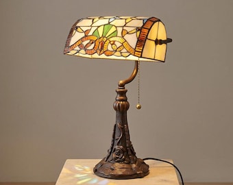Lámpara de banquero estilo Tiffany vintage - Lámpara de escritorio de vidrieras con base de aleación antigua - Lámpara de mesa Art Déco para oficina en casa, dormitorio, biblioteca.
