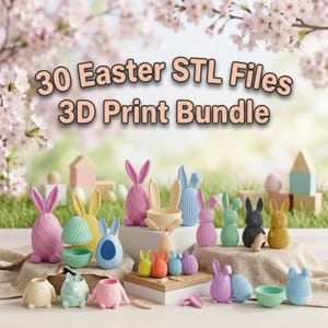 Juego completo de 30 archivos STL 3D de Pascua: huevo antiestrés de baja poli, huevo sorpresa, conejito, cesta, maceta y contenedores de decoración primaveral.