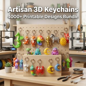 May include: A display of colorful 3D-printed keychains, including a green dragon, orange fox, rainbow chameleon, and zebra. The keychains are hanging on a wooden pegboard. The text "Artisan 3D Keychains" and "4000+ Printable Designs Bundle" are at the top.