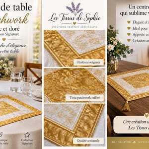 Peut inclure: Un carré de table patchwork blanc et doré avec un motif floral central, une large bordure dorée métallique et des pompons aux coins. Le textile présente des coutures complexes et des panneaux de tissu décoratifs à la finition texturée.