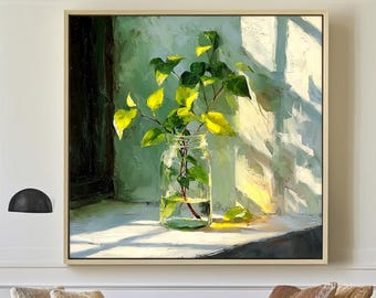 Martwa natura malowana ręcznie olejem, sztuka z teksturą cienia butelki, sztuka ścienna z motywem botanicznym w świetle słońca, neutralny wystrój domu