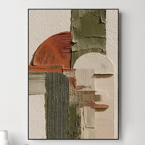 Può includere: Opera d'arte astratta da parete con cornice nera. L'opera presenta un design strutturato con forme geometriche nei toni dell'arancione, verde, beige e nero. Ha un'estetica moderna e minimalista, adatta all'arredamento.