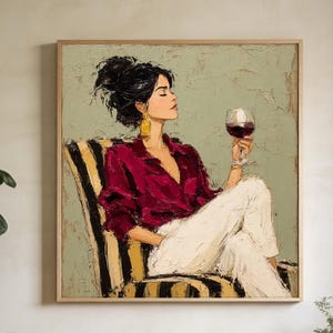 Può includere: Una stampa d'arte quadrata che raffigura un dipinto a olio di una persona con capelli scuri raccolti in uno chignon, che indossa una camicia rosso scuro e pantaloni bianchi. La persona siede su una sedia a righe, tenendo un calice di vino rosso.