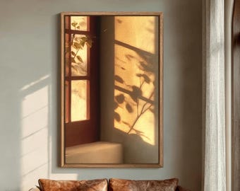Pintura al óleo de naturaleza muerta con sombra de hojas y luz solar en ventana con técnica impasto, arte mural Wabi-Sabi cálido y neutro con textura, decoración moderna minimalista para el hogar.