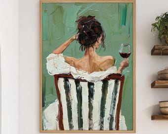 Hand-Painted Female Oil Painting, The Woman With Wine,Textured Impasto Female Figure,Modern Boho Figurative Wall Decor