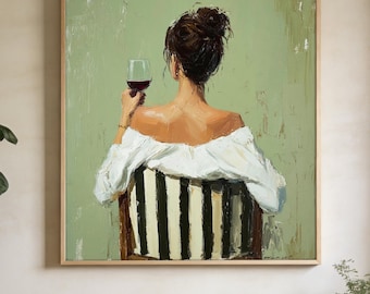 Hand-Painted Wine Oil Painting, The Woman With Wine,Impasto Green Neutral Wall Art, Modern Feminine Home Decor