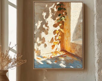 Bodegón de vides bañadas por el sol con técnica de empaste, arte mural botánico otoñal texturizado, decoración para el hogar Wabi-Sabi cálida y neutra.