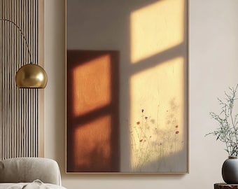 Pintura al óleo de sombra de ventana con flores silvestres, arte con luz solar cálida y sombra, decoración minimalista y neutra para el hogar, decoración para sala de estar/dormitorio.