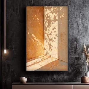Gefallene Blätter Schatten Ölgemälde, warmes Sonnenlicht Licht Schatten Kunst, minimalistische neutrale Wohnkultur, gemütliche botanische Wandkunst