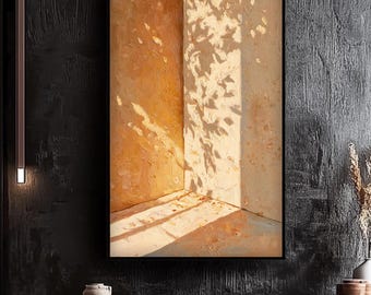 Fallen Leaves Shadow Oil Painting, Warm Sunlight Light Shadow Art, Minimalist Neutral Home Decor, Cozy Botanical Wall Art