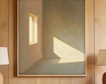 Cuadro minimalista al óleo en un rincón soleado y cálido, arte mural con textura de luz y sombra neutra, decoración para el hogar Wabi-Sabi Japandi.