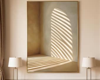Pintura al óleo con técnica de empaste pintada a mano, naturaleza muerta con luz solar y sombra en una ventana, arte mural estilo Wabi-Sabi.
